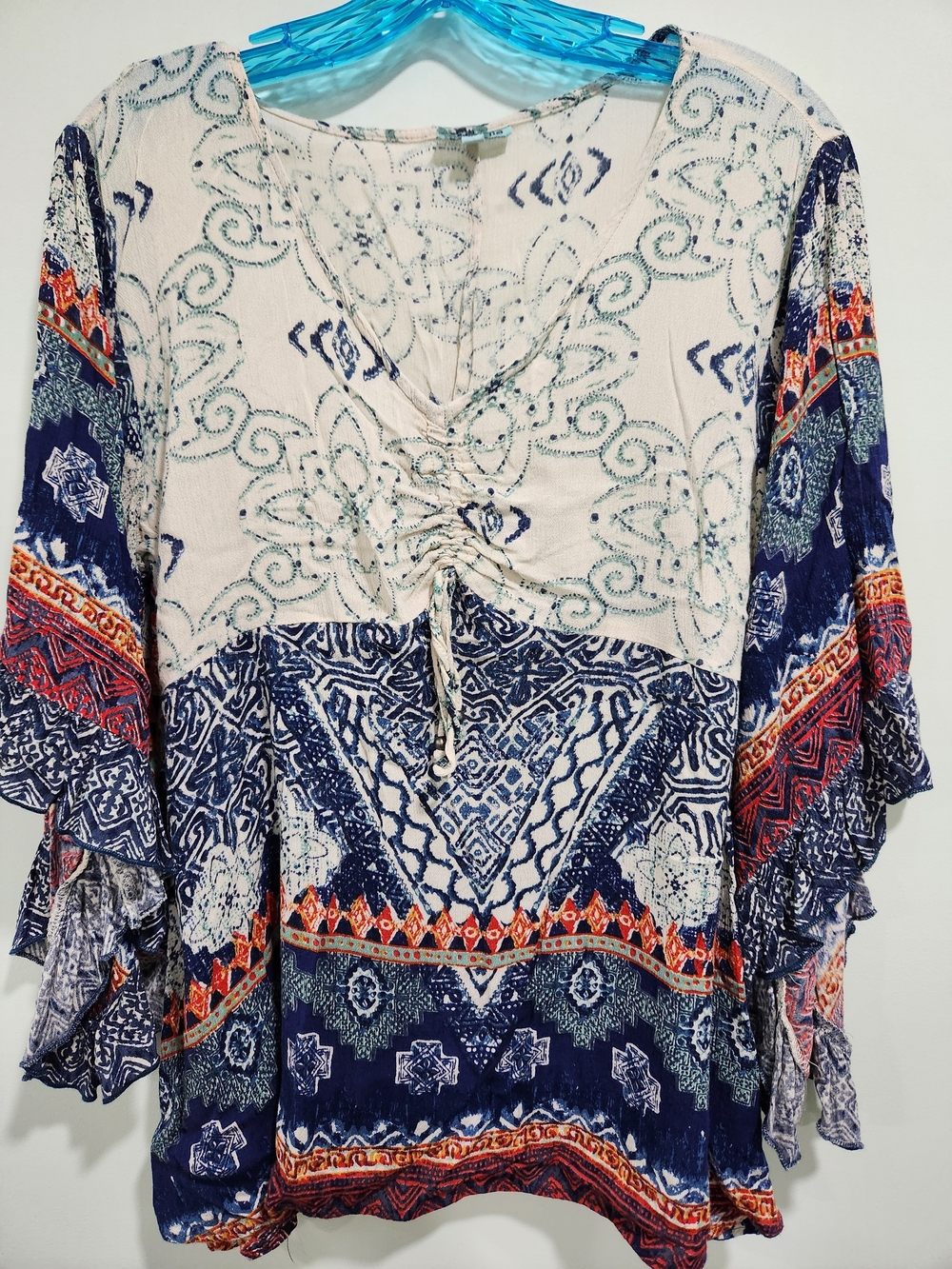 Nostalgia Boho Printed V-Neck Blouse in Navy, Cream & Orange